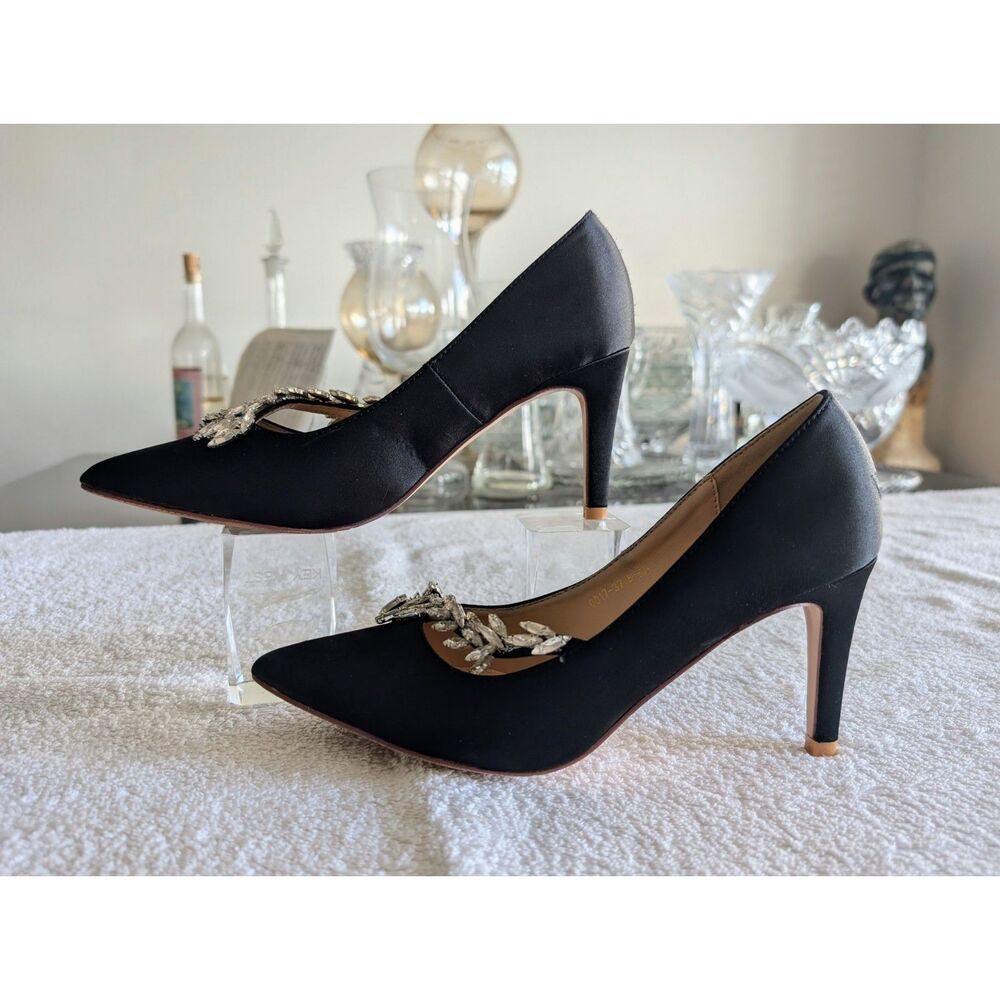 ERIJUNOR 6.5 Black Satin Rhinestone Pointed Toe Stiletto Pumps Evening